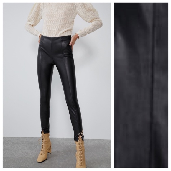 Zara Black Faux Leather High Waisted Skinny Pants Leggings Zip Hem Blogger XS - Picture 4 of 9